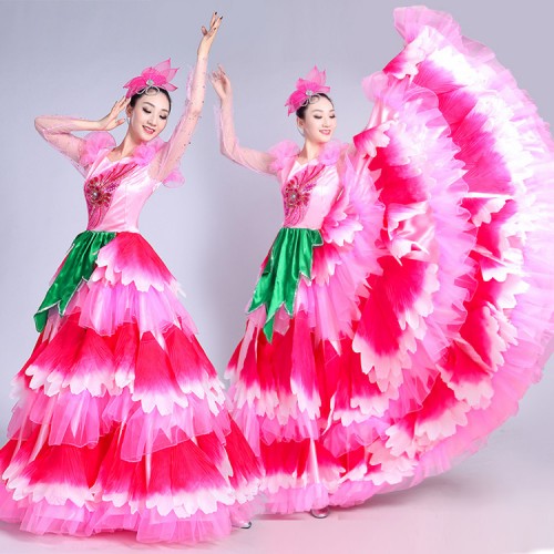 Light pink petals long sleeves fashion women's female chorus opening dancing flamenco spanish folk bull dancing dresses